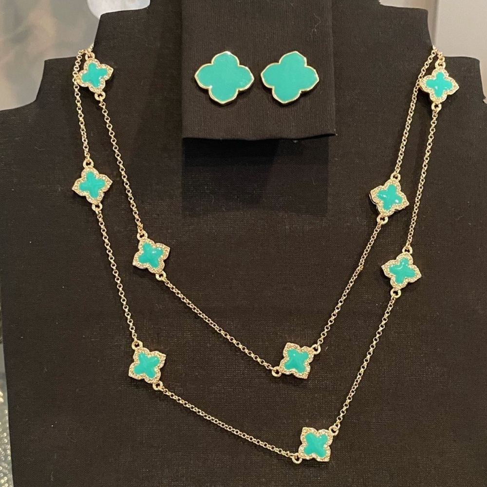 Pave necklace and earrings set - turquoise color